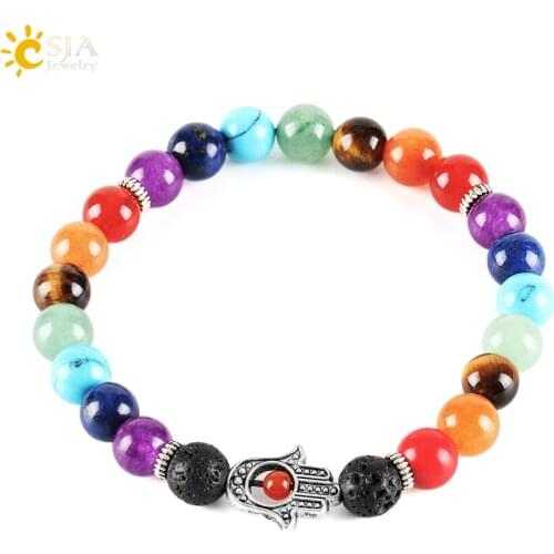 CSJA 8mm Natural Black Lava Round Stone Hamsa Hand Bracelets 7 Chakra Reiki Healing Balance Prayer Beads Yoga Women Jewelry E277