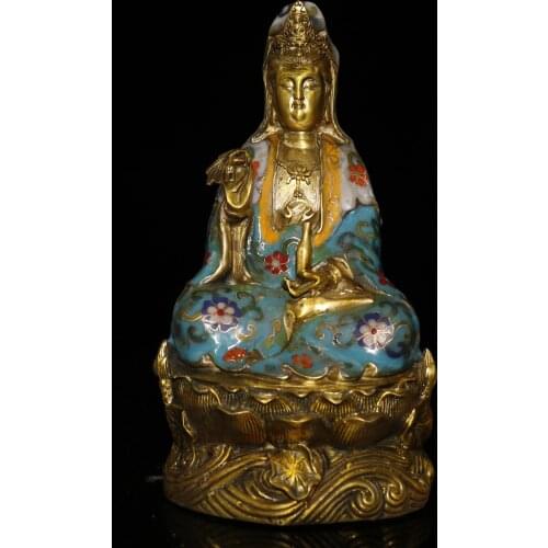 9"Chinese temple collection Old Bronze Cloisonne Filigree Enamel Clean bottle Guanyin Bodhisattva Statue Avalokitesvara