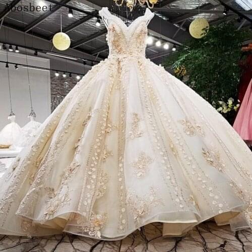 Champange Ball Gown Wedding Dress 200CM Cathedral Train V Neck 2021 New Wedding Gown Birdal Exquisite Beading 3D Flowers Lace