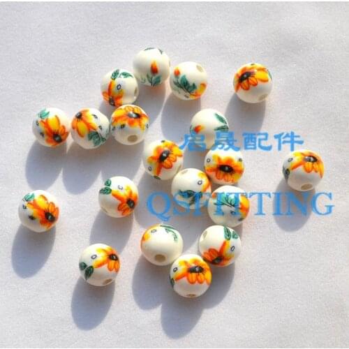Shipping Free!Jewelry Accessory,12mm Round Shape Ceramic Beads,Gold Color Sunflower