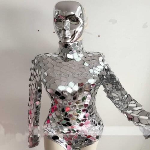 Shining Sequins Bodysuit Machine Dance Costume Silvery Mirrors Leotard Jumpsuit Lady Jazz Dance Wear Club DJ Singer Stage Outfit