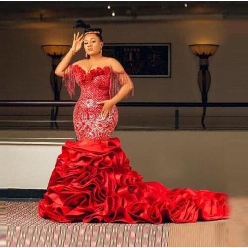 Aso Ebi Red Mermaid Prom Dresses Off The Shoulder Tassel Style Lace Appliques Ruched Sweep Train Evening Gowns Plus Size Vestido