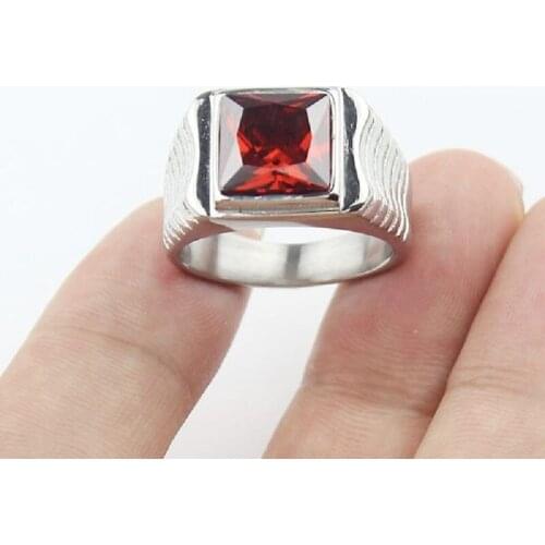 Cool Mens Silver color Ring Red Zircon 316L Stainless Steel Ring Fashion Jewelry