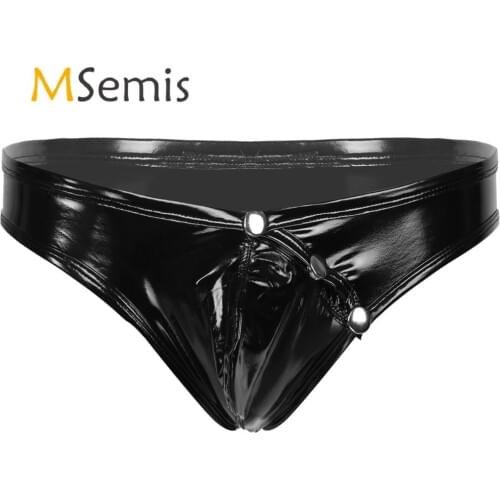 Swimwear Mens Metallic Look Faux Patent Leather Black Lingerie Front Button Low Waist Bulge Pouch Triangle Briefs Underwear