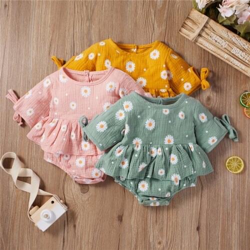 Emmababy Toddler Baby Summer Clothing Girls Daisy Print Rompers Short Sleeve Cotton Linen Ruffle Jumpsuits Soft Outfits