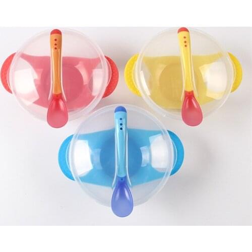Food Bowl Temperature Sensing Spoon Baby Feeding Bowl Childrens Tableware Baby Learning Dishes With Suction Cup Assist Spoon