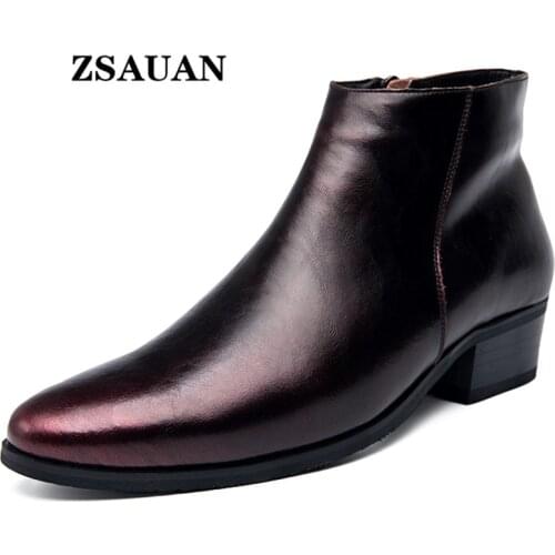 ZSAUAN Vintage Italian Men Chelsea Boots Genuine Leather Red Black Zip Ankle Men Boots Winter/ Spring Pointy Formal Elegant Shoe