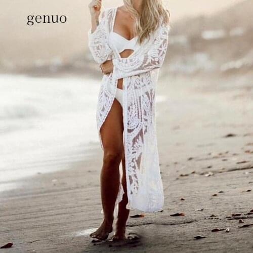 New Mesh Embroidery Beach Dress Long Sleeve Kimono Beach Kaftan Sarong Beach Shirt Top 2020 Robe De Plage Pareo Bikini Dress