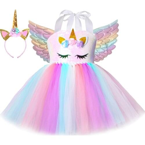 Girls Unicorn Dress Outfit Pastel Sequins Tulle Kids Birthday Party Princess Tutu Dress Up Children Christmas Halloween Costume