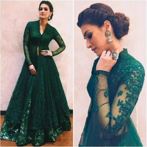 Hunter Green Dresses Evening Wear With Long Sleeves Lace caftan Kaftan Abaya Dubai Indian V Neck Prom Dress Anju Modi