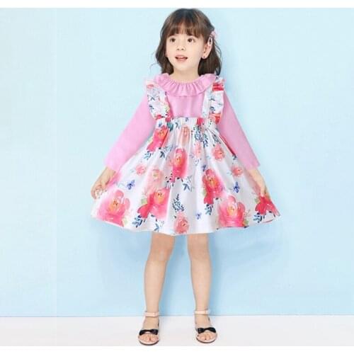 2pcs Autumn Kids Girls Floral Print Princess Strap Dresses + Lovely Baby Girls Long Sleeve T-Shirt Sets Clothes Hot