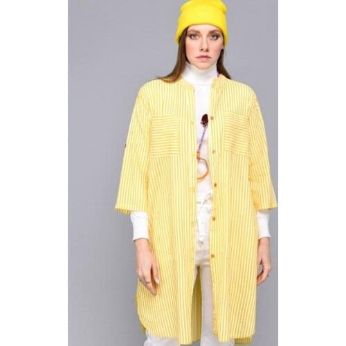 100% Cotton Fabric Stripe Pattern Mandarin Collar Yellow Color Long Spring Shirt 2021 Very Stylish New Womens Fashion Xs To Xxl