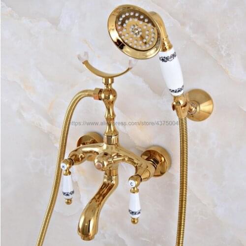 Bathtub Faucets Wall Mounted Gold Color Brass Bathtub Faucet With Hand Shower Bathroom Bath Shower Faucets Nna958