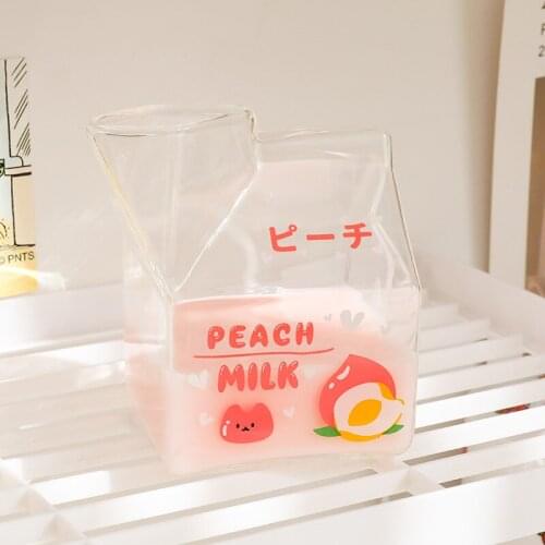 Ins Hot Glass Milk Box Japanese Style Lovely Fruit Pattern Water Milk Juice Beer Coffee Cold Drinks Cups 380ml Heatable