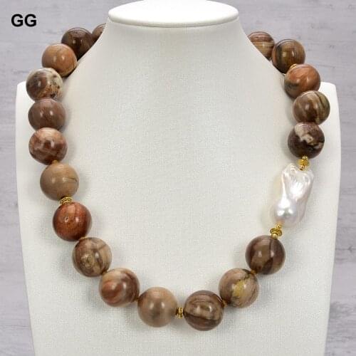 GuaiGuai Jewelry 20'' 18mm Petrified Wood Jasper Natural Stone White Keshi Pearl Necklace