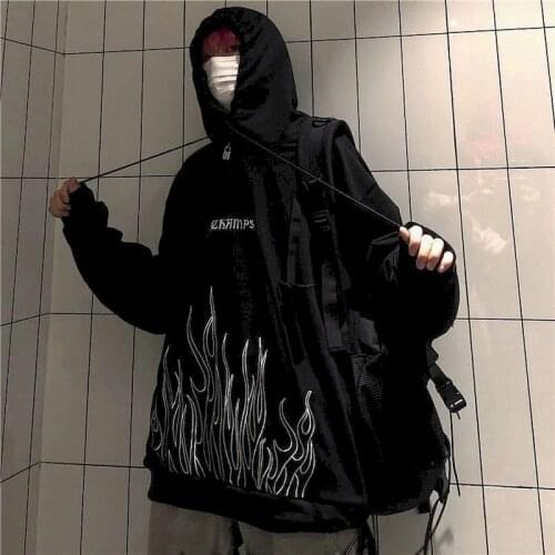 Punk Goth Oversized Sweatshirt Hoodies Women Hoodie South Korea Retro Dark Flame Embroidery Pullover Hooded Trend Streetwear