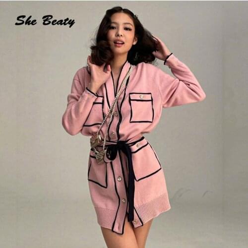 She Beaty Runway 2021 Sweater Cardigan Women Single Breasted Lace Up O-Neck Long Sleeve High Street Pink Coat Traf Jacket Top In