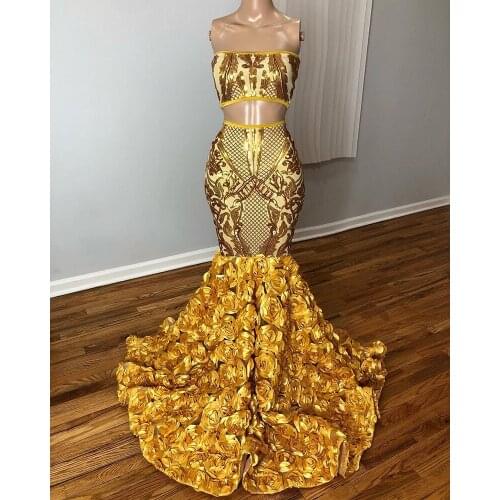 Long Prom Dresses 2020 Sexy Two-Piece Sequin Top 3D Flowers Gold Mermaid African Black Girl Prom Dress