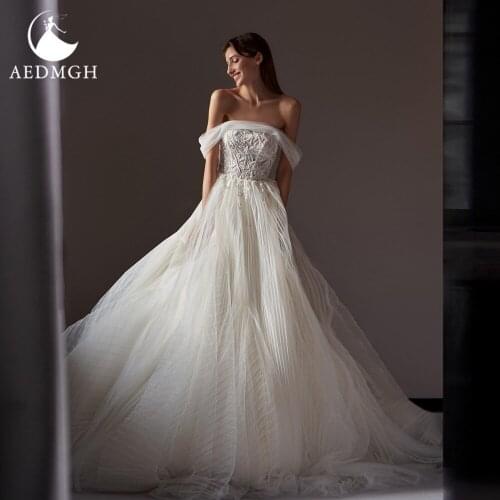 Aedmgh A-Line Beach Wedding Dresses 2021 Strapless Off The Shoulder Robe De Mariee Lace Appliques Romantic Boho Vestido De Novia