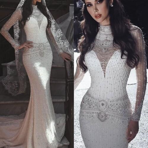 SuperKimJo Crystal Wedding Dresses for Bride Beaded Mermaid off white Luxury Elegant Modest Wedding Gown Vestido De Novia