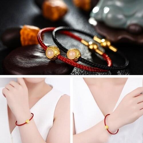 Pure 24K Yellow Gold Bracelet 999 Gold Carved Fu White Jade Beads Bracelet