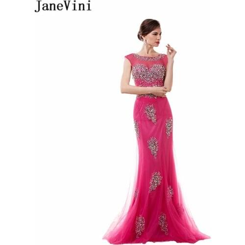 JaneVini Fuchsia Long Bridesmaid Dresses Mermaid Sheer Scoop Neck Floor Length Prom Gowns with Beaded Tulle Formal Party Gowns