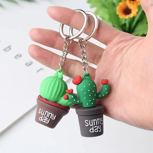 Simulation Green Plant Potted Keychain Silicone Succulent Cactus Key Chain Couple Bag Pendant Mini Bonsai Flower Key Ring