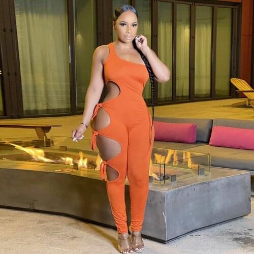 Summer new fashion irregular sexy hollow-out one-shoulder lace-up tights jumpsuit high-waisted trousers clothes for women