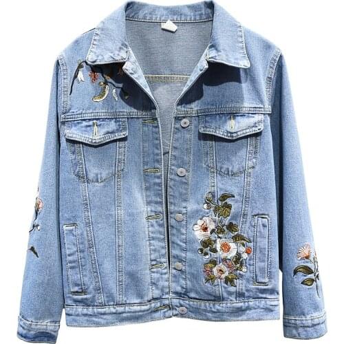 Womens Spring Autumn Long Sleeve Floral Embroidery Short Blue Denim Jacket Female Elastic High Waist Plus Size Outwear TB416