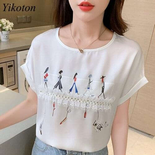 Summer Woman White Blouse Shirt Fashion Printed O-Neck Loose Plus Size Bat sleeve Top Blusas de mujer y camisas chemisier femme