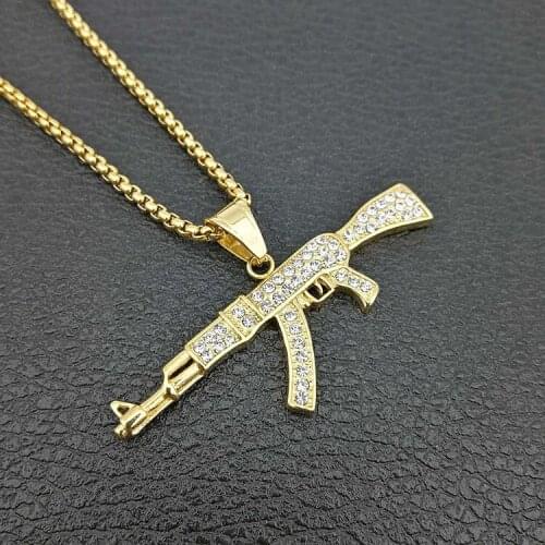 Hip hop Fashion AK-47 Gun Model Pendant Necklaces Steampunk Acrylic Jewelry Arms Zircon Stainless Steel Statement For Men