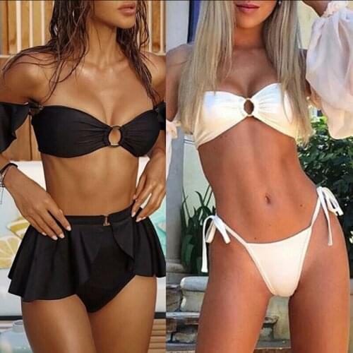 Fashion Women Sexy Swimwear Bandage Lantern Sleeve Bikini Set Push-up Padded Two Piece High Waist Ruffle Bathing Suit Swimsuit