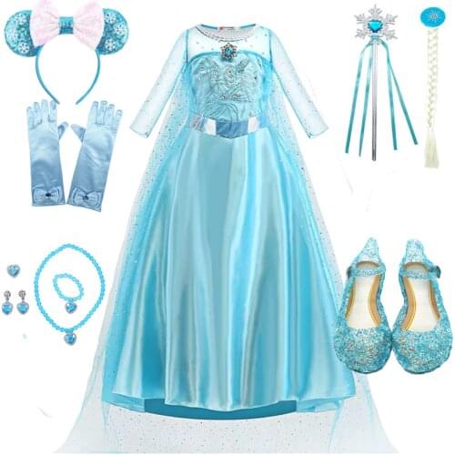 Princess Dresses Snow Queen Girls Fancy Anna Elsa Costume Birthday Party Cosplay Clothing With Long Cloak Wig Vestido XH28