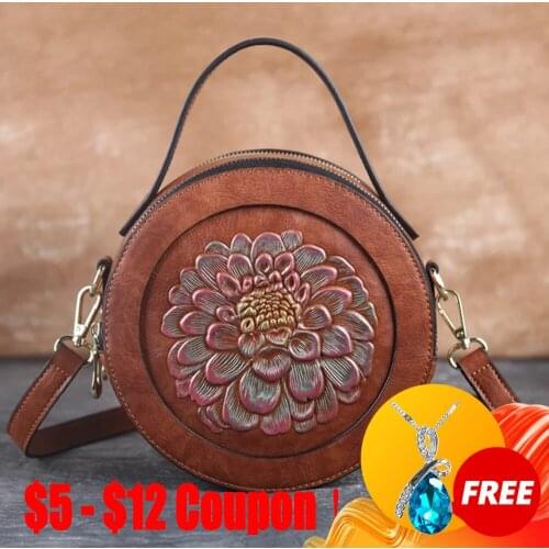 CGA Retro Handmade Circular Handbags 2021 New Fashion Genuine Leather Shoulder & Crossbody Bags Solid Color For Women Tote Bag