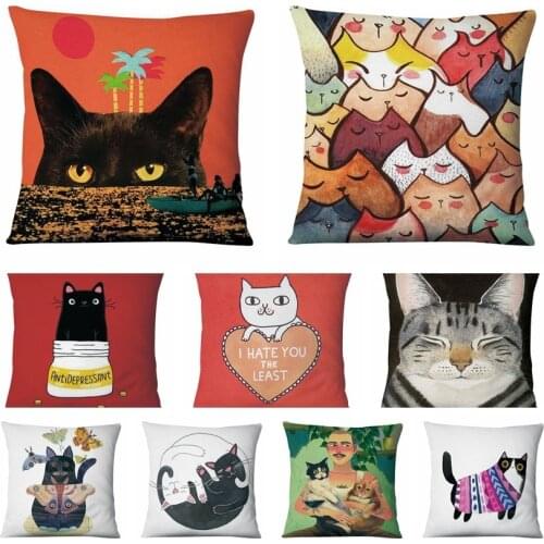 Home Pillow Decoration Fun Cartoon Cat Painting Print Pillowcase Cushion Decorative Pillows Christmas Decorations Sofa Throw 17