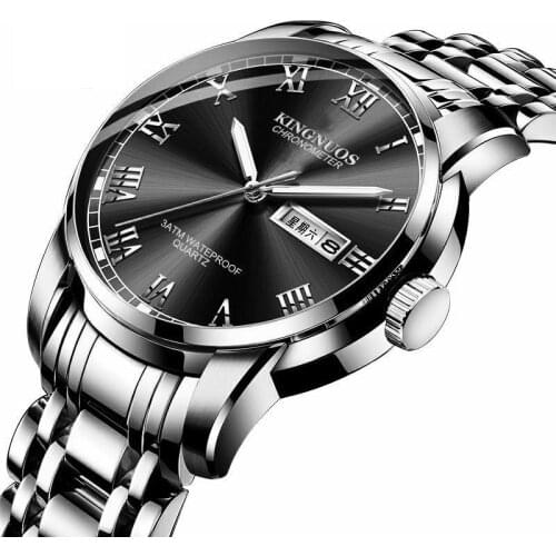 Waterproof Men Watches Top Quality Stainless steel Man Watch Calendar Quartz Clock Japan Movement Gold Black For Male KINGNUOS
