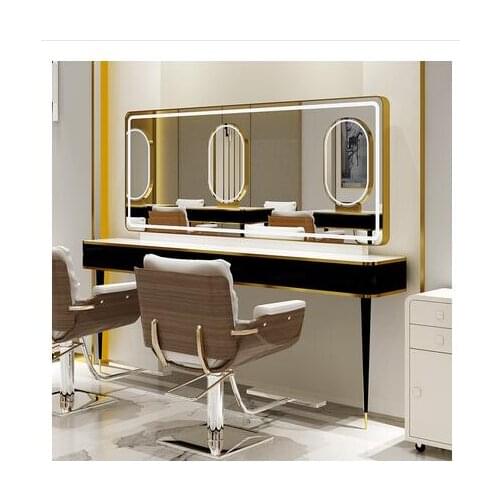 Barber shop mirror salon special hair cutting mirror with lamp marble mirror table