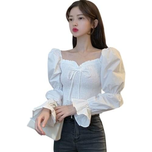 Women French Style Elegant Blouses Square Collar Slim Short Ladies Spring And Autumn Long-sleeved Shirt Top Black White