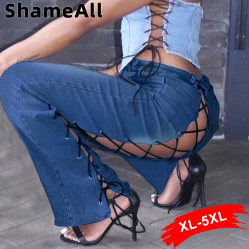 Plus Size Sexy Ribbon Cross Lace Up Hollow Push Up Flare Jeans 5XL Party Club Stretchy Ripped Bandage Bell Bottoms Denim Pants