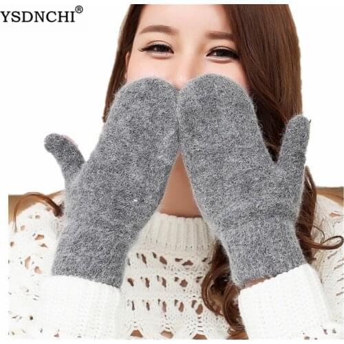 YSDNCHI Winter Gloves Women Fashion Girl Pure Color Rabbit Fur Mittens Soft Warm Candy Color Double Layer Female