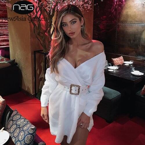 NewAsia Off Shoulder Sexy Dress Women Party Autumn Dress Long Puff Sleeves Ornate Belt White Dresses Mini Wrap Dress Beige