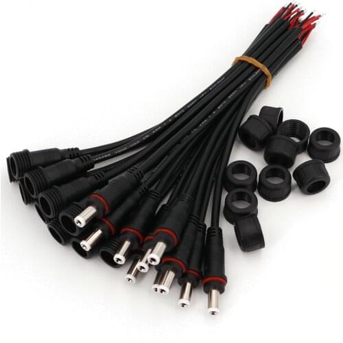 10Pairs Waterproof Black 5.5 x 2.1mm DC Power 22AWG Male and Female 20cm Cable Connector
