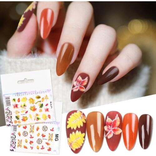 2pcs/lot 5D Acrylic Engraved leaves Nail Sticker Water Decals Empaistic Nail Water Slide Decals Manicure Accessoires