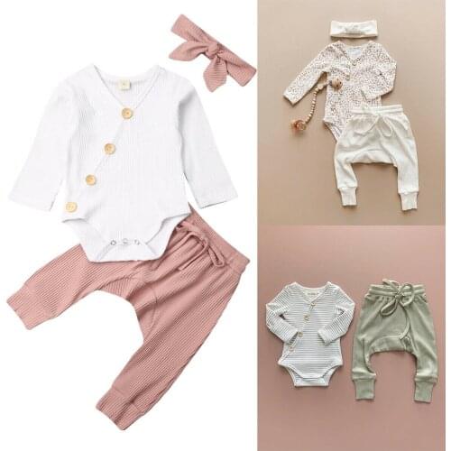 0-18M Infant Baby Girl Boy Knitted 3Pcs Sets Romper+Pants+Headband Casual Baby Autumn Outfits Cotton Clothes Newborn Baby Sets