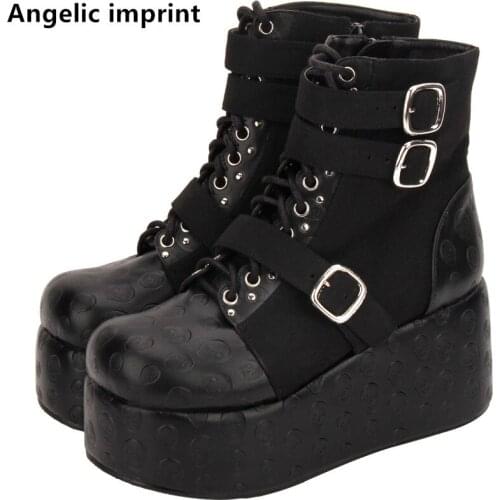 Angelic imprint mori girl Women motorcycle punk boots lady lolita short Boots woman high heels pumps wedges shoes print skull 47