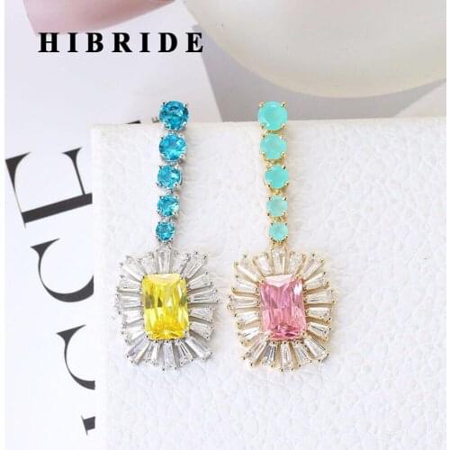 HIBRIDE Large Multi-color Stone Earrings Square Shape Women Bride Long Dangle Earrings Wedding Party Luxury Accessories E-492
