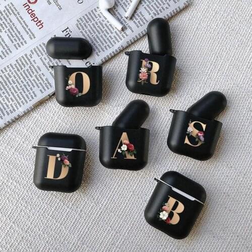 Gold English Initial Alphabet Floral Letter Soft Black Case For AirPods 2 1 Pro 3 Silicone Wireless Bluetooth Earphone Box Cover