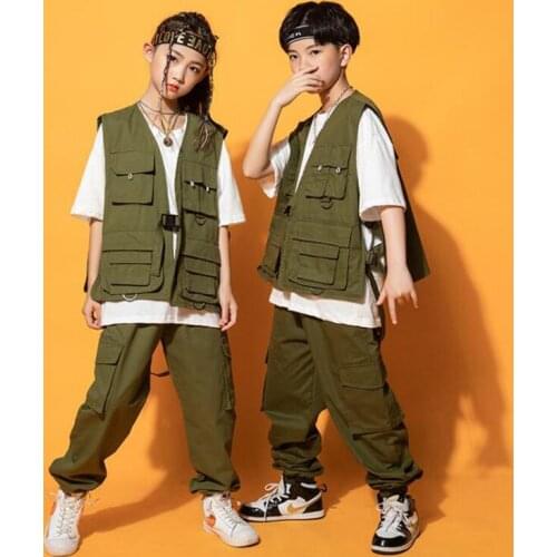 Kids Hip Hop Clothing Ary Green T Shirt Sleeveless Jacket Top Streetwear Jogger Cargo Pants For Girl Boy Dance Costume 3 pcs