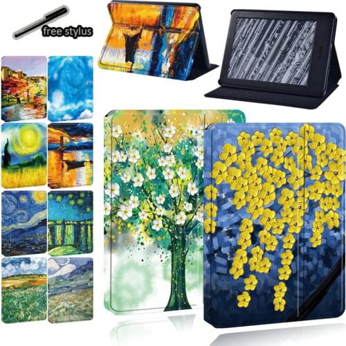 For Amazon Kindle Paperwhite 4/1/2/3/Amazon Kindle 8th /10th Tablet Oil Painting Series PU Leather Stand Case + Free Stylus