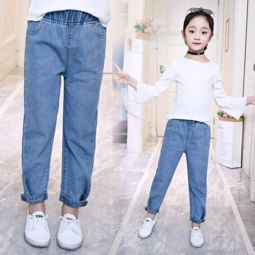 Spring Autumn Casual Children Jeans Elastic High Waist Baby Girls Denim Trousers Wash Kids Cowboy Ankle Length Pants 4-13T